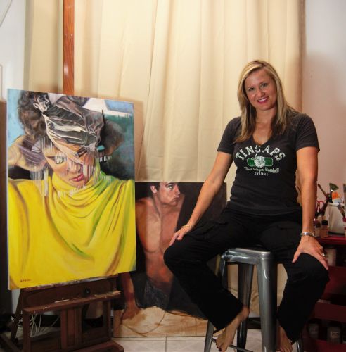 Victoria Page Miller with her painting “Hexidecimal dream f" - see the Painter's Showcase at www.ArtsyShark.com