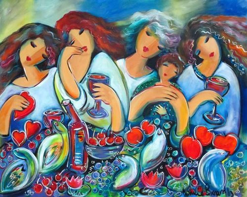 "Gaggle of Girls" Acrylic, Oil and Mixed Media, 100cm x 80cm by artist Bonnie Riccard. See her portfolio by visiting www.ArtsyShark.com