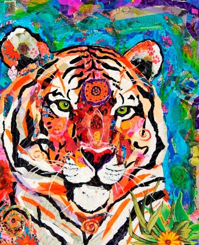 "Third Eye of the Tiger" Acrylic and Paper Mosaic Collage, 20" x 30" by artist Raven Skye McDonough. See her portfolio by visiting www.ArtsyShark.com