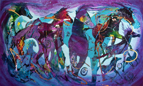 “Twilight Spirits” Acrylic and Mixed Media on Gallery Wrapped Canvas, 36” x 60” by artist Nancy Christy-Moore. See her portfolio by visiting www.ArtsyShark.com
