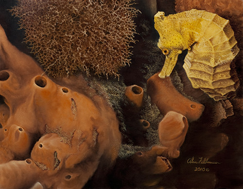 "Golden Longsnout Seahorse" Oil on Canvas, 24" x 30" by artist Alan Feldmesser. See his portfolio by visiting www.ArtsyShark.com