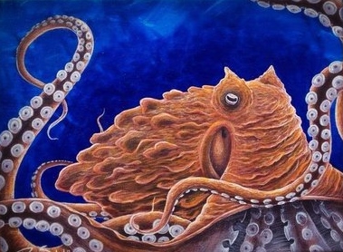 "Giant Pacific Octopus" Acrylic, 9" x 12" by artist Ryan Sobel. See his portfolio by visiting www.ArtsyShark.com