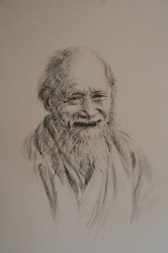 "Master Ueshiba" Charcoal on Paper, 59cm x 42cm by artist Jason Margolis. See his portfolio by visiting www.ArtsyShark.com