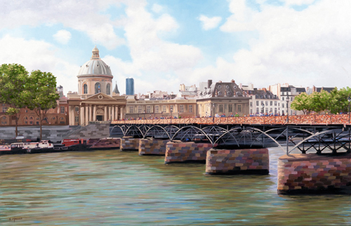 “Pont Des Arts Bridge, Paris” Oil on Canvas, 36” x 24” by artist Sue Miller. See her portfolio by visiting www.ArtsyShark.com