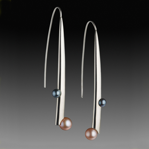 "Black and Pink" Earrings, Sterling Silver Fork Tines, South Sea Natural Black and Pink Pearls, 2” x .5” x .5” by artist Don Kelley. See his portfolio by visiting www.ArtsyShark.com