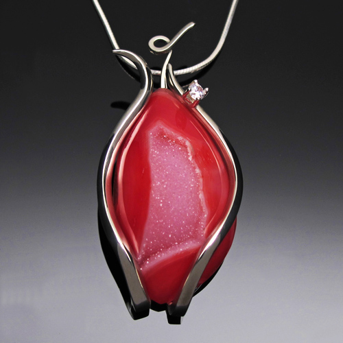 "Blooming Red" Pendant, Sterling Silver Fork Tines, Druzy Quartz Cabochon, Cubic Zirconia, 3” x 2” x 1” by artist Don Kelley. See his portfolio by visiting www.ArtsyShark.com