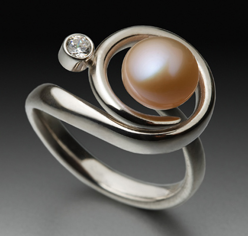 “Celestial Pink” Ring, Sterling Silver Fork Tines, Natural Pearl, Cubic Zirconia, 1” x 1” x 1” by artist Don Kelley. See his portfolio by visiting www.ArtsyShark.com