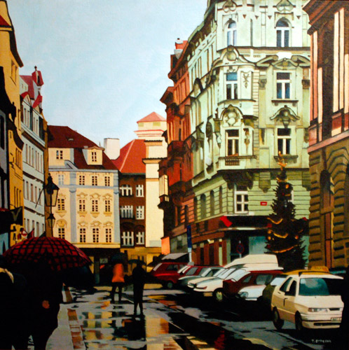 “Christmas in Prague” Oil, 32” x 32” by artist Theresa Otteson. See her portfolio by visiting www.ArtsyShark.com