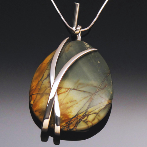 "Earthen" Pendant, Sterling Silver Fork Tines, Natural Cherry Creek Jasper, 3” x 2” x 1” by artist Don Kelley. See his portfolio by visiting www.ArtsyShark.com