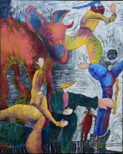 "French Boxing Clowns" Oil on Canvas, 30" x 24" by artist Lisa Bartell. See her portfolio by visiting www.ArtsyShark.com