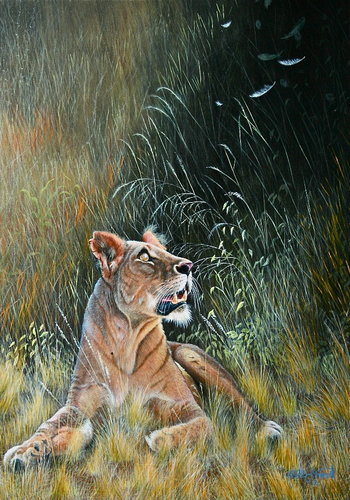 “Into The Light, Lioness” Acrylic, 36" x 24" by artist David L. Prescott. See his portfolio by visiting www.ArtsyShark.com