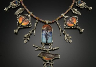 “Tree Robin and Nest Necklace” Pewter, Art and Resin, Large, the hanging bird and egg are 2” L - photo by Larry Sanders. See Laurie Leonard's portfolio by visiting www.ArtsyShark.com