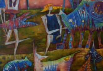 "Living Among the Beasts" Oil on Canvas, 24" x 24" by artist Lisa Bartell. See her portfolio by visiting www.ArtsyShark.com