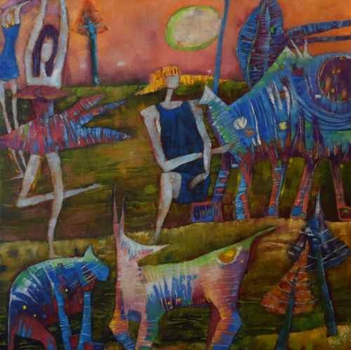 "Living Among the Beasts" Oil on Canvas, 24" x 24" by artist Lisa Bartell. See her portfolio by visiting www.ArtsyShark.com