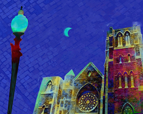 “Moon Over Cathedral” Digital Mixed Media Collage, 16” x 20” by artist Paula Ogier. See her portfolio by visiting www.ArtsyShark.com