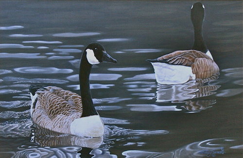 “Quiet Time, Canada Geese” Gouache, 14" x 18" by artist David L. Prescott. See his portfolio by visiting www.ArtsyShark.com