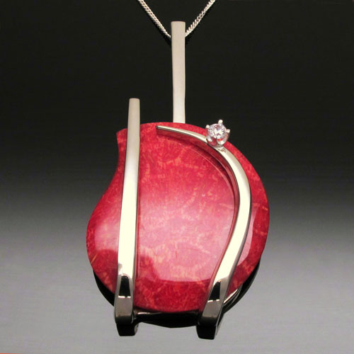 "Red" Pendant, Sterling Silver Fork Tines, Red Coral, Cubic Zirconia, 2” x 2” x 1” by artist Don Kelley. See his portfolio by visiting www.ArtsyShark.com