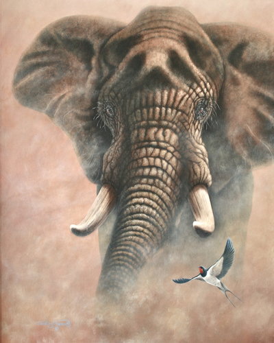 “Symbiotic Balance, Elephants and Swallows” Acrylic, 40" x 30" by artist David L. Prescott. See his portfolio by visiting www.ArtsyShark.com