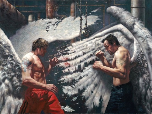 "To the Bone" oil on canvas, 120 cm x 160 cm by Hamish Blakely. Read about his "Unemployed Angels" series at www.ArtsyShark.com