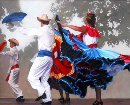 “Asociacion Folklorica Excuzucena” Oil, 24” x 36” by artist Theresa Otteson. See her portfolio by visiting www.ArtsyShark.com