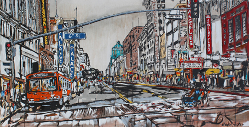 “Broadway & 6th” Ink, Oil and Acrylic on Canvas, 45" x 90" by artist Brooke Harker. See her portfolio by visiting www.ArtsyShark.com