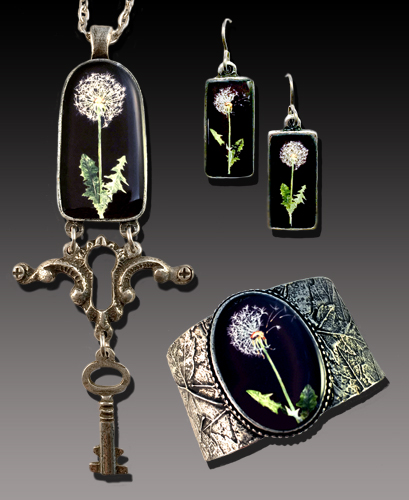 “Dandelion Set” Pewter, Art and Resin, Pendant 4" x 2", Earrings 1 1/8 x .5", Bangle 6" x 1.25" by artist Laurie Leonard. See her portfolio by visiting www.ArtsyShark.com