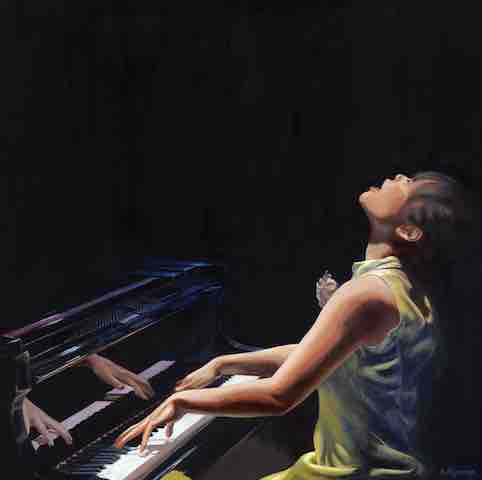 “Hiromi On Fire” Acrylic on Canvas, 32" x 32” by artist Clive Duff Gordon. See his portfolio by visiting www.ArtsyShark.com