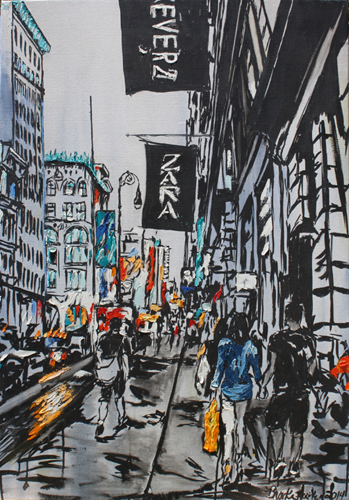 “Forever New Yorkers” Ink, Oil and Acrylic on Canvas, 40" x 28" by artist Brooke Harker. See her portfolio by visiting www.ArtsyShark.com
