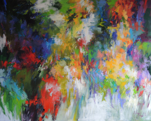 “It Was the Time of Flowers and We Were Not Scared” Acrylic on Canvas, 59" x 47" by artist Mary Chaplin. See her portfolio by visiting www.ArtsyShark.com