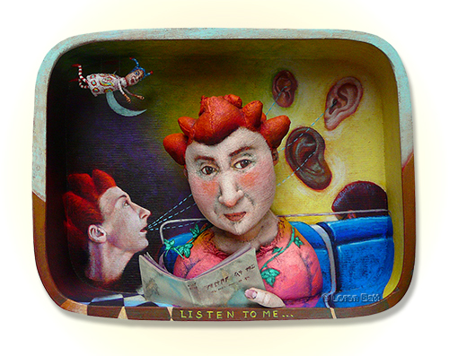 “Listen to Me” Acrylic on Wooden Box and Sewn, Stuffed Canvas, 7” x 9.5” x 2” by artist Loren Batt. See her portfolio by visiting www.ArtsyShark.com