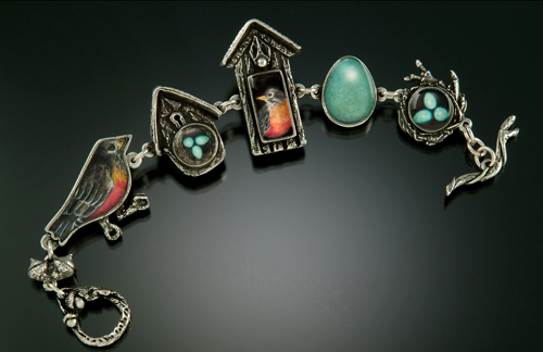 “Birdhouse Bracelet” Pewter, Art and Resin, 7" x 1 5/8" by artist Laurie Leonard. See her portfolio by visiting www.ArtsyShark.com