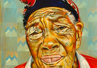 “Bibi” Oil on Kitenge (African Fabric) on Wood Panel, 30" x 30" by artist Hans Poppe. See his portfolio by visiting www.ArtsyShark.com