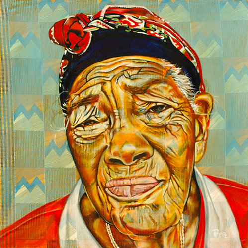 “Bibi” Oil on Kitenge (African Fabric) on Wood Panel, 30" x 30" by artist Hans Poppe. See his portfolio by visiting www.ArtsyShark.com