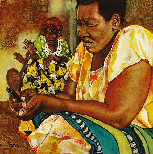 “Evening Conversation” Oil on Kitenge (African Fabric) on Wood Panel, 36" x 36" by artist Hans Poppe. See his portfolio by visiting www.ArtsyShark.com