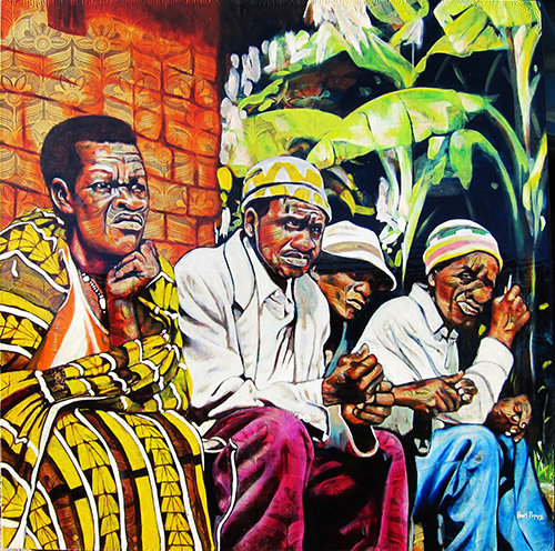 “Mkutano” Oil on Kitenge (African Fabric) on Wood Panel, 36" x 36" by artist Hans Poppe. See his portfolio by visiting www.ArtsyShark.com