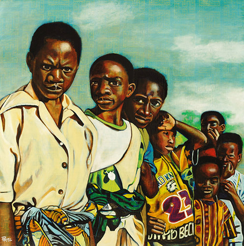 “Roadside Vendors” Oil on Kitenge (African Fabric) on Wood Panel, 36" x 36" by artist Hans Poppe. See his portfolio by visiting www.ArtsyShark.com