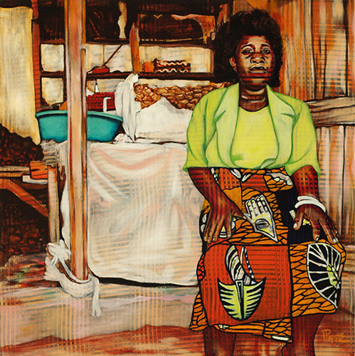 “Shop Keeper” Oil on Kitenge (African Fabric) on Wood Panel, 30" x 30" by artist Hans Poppe. See his portfolio by visiting www.ArtsyShark.com