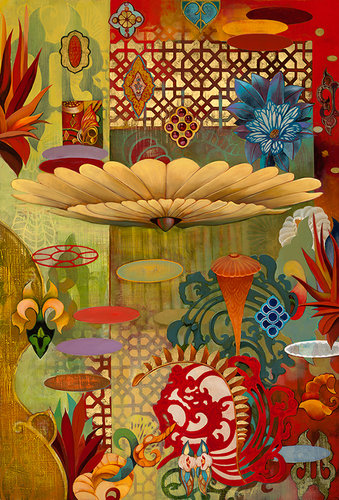 “Ancient Embellishments” Oil on Canvas with Gold Leaf, 75” x 51” by artist Barbara Rogers. See her portfolio by visiting www.ArtsyShark.com