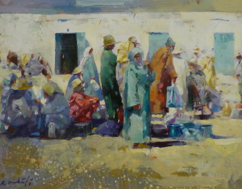 “Folk Scene” Oil on Canvas, 22cm x 21cm by artist Rachid Hanbali. See his portfolio by visiting www.ArtsyShark.com