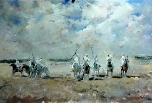 “Horsemen Galloping” Oil on Canvas, 100cm x 73cm by artist Rachid Hanbali. See his portfolio by visiting www.ArtsyShark.com