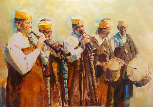 “Making Music” Oil on Canvas, 146cm x 97cm- by artist Rachid Hanbali. See his portfolio by visiting www.ArtsyShark.com