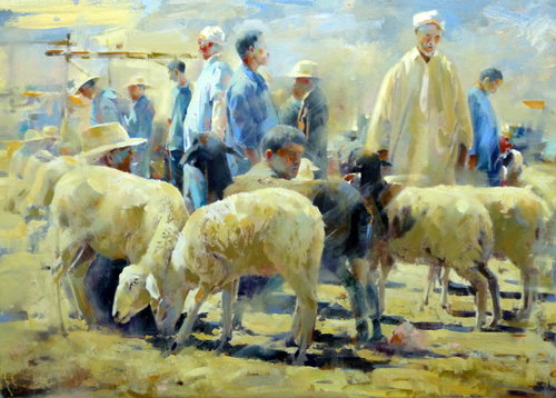 “Market Scene with Sheep” Oil on Canvas, 73cm x 55cm by artist Rachid Hanbali. See his portfolio by visiting www.ArtsyShark.com