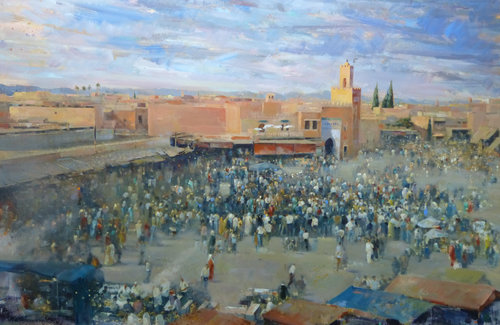 “Marrakech Square” Oil on Canvas, 146cm x 97cm by artist Rachid Hanbali. See his portfolio by visiting www.ArtsyShark.com