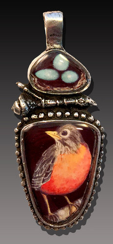 “Robin and Nest Pendant” Pewter, Art and Resin, 2" x 1.75" by artist Laurie Leonard. See her portfolio by visiting www.ArtsyShark.com