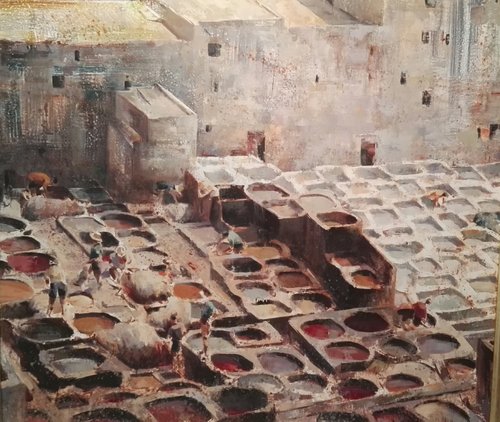 “Dyeing Vats of Fez” Oil on Canvas, 114cm x 114cm by artist Rachid Hanbali. See his portfolio by visiting www.ArtsyShark.com
