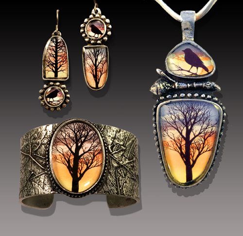 “Winter Tree Set” Pewter, Art and Resin, Earrings 2" x .5", Bangle 1.25" x 6", Pendant 2.75" x 1 3/16" by artist Laurie Leonard. See her portfolio by visiting www.ArtsyShark.com
