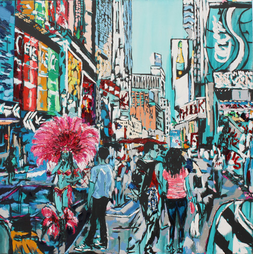 “Vacation in the City” Ink, Oil and Acrylic on Canvas, 48" x 48" by artist Brooke Harker. See her portfolio by visiting www.ArtsyShark.com