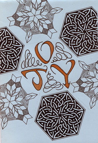 "Joy Christmas Card 2015" Ink, Hand colored and Gilt by artist Marta Lett. See her portfolio by visiting www.ArtsyShark.com