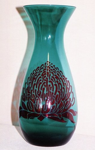 "Waratah Vase" Glass Paint, 12cm x 30cm by artist Marta Lett. See her portfolio by visiting www.ArtsyShark.com