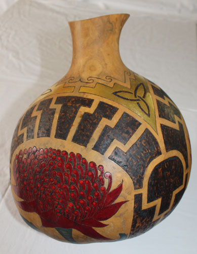"Celtic Waratah Gourd Vase" Acrylic and 23ct Gold on Gourd by artist Marta Lett. See her portfolio by visiting www.ArtsyShark.com